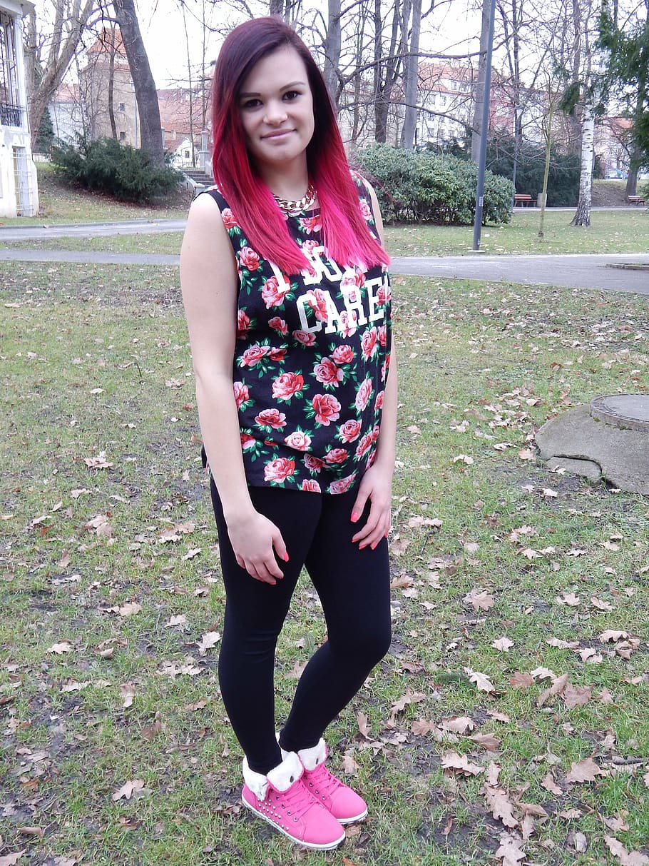 winter, black, pink, flowers, park, girl, friend, real people HD wallpaper