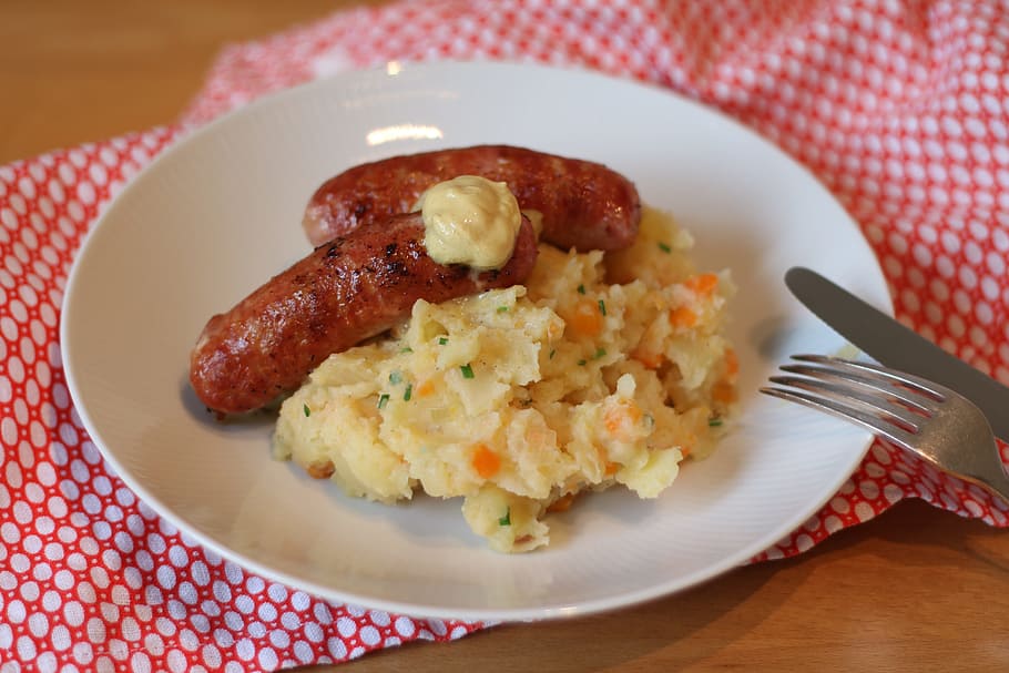 sausage and mashed potatoes, beef, breakfast, cooking, cuisine HD wallpaper