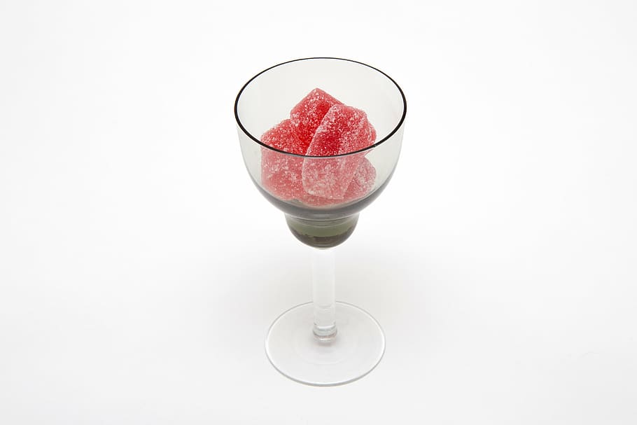 sweet candy with sugar, glass, table, white, red, white background HD wallpaper