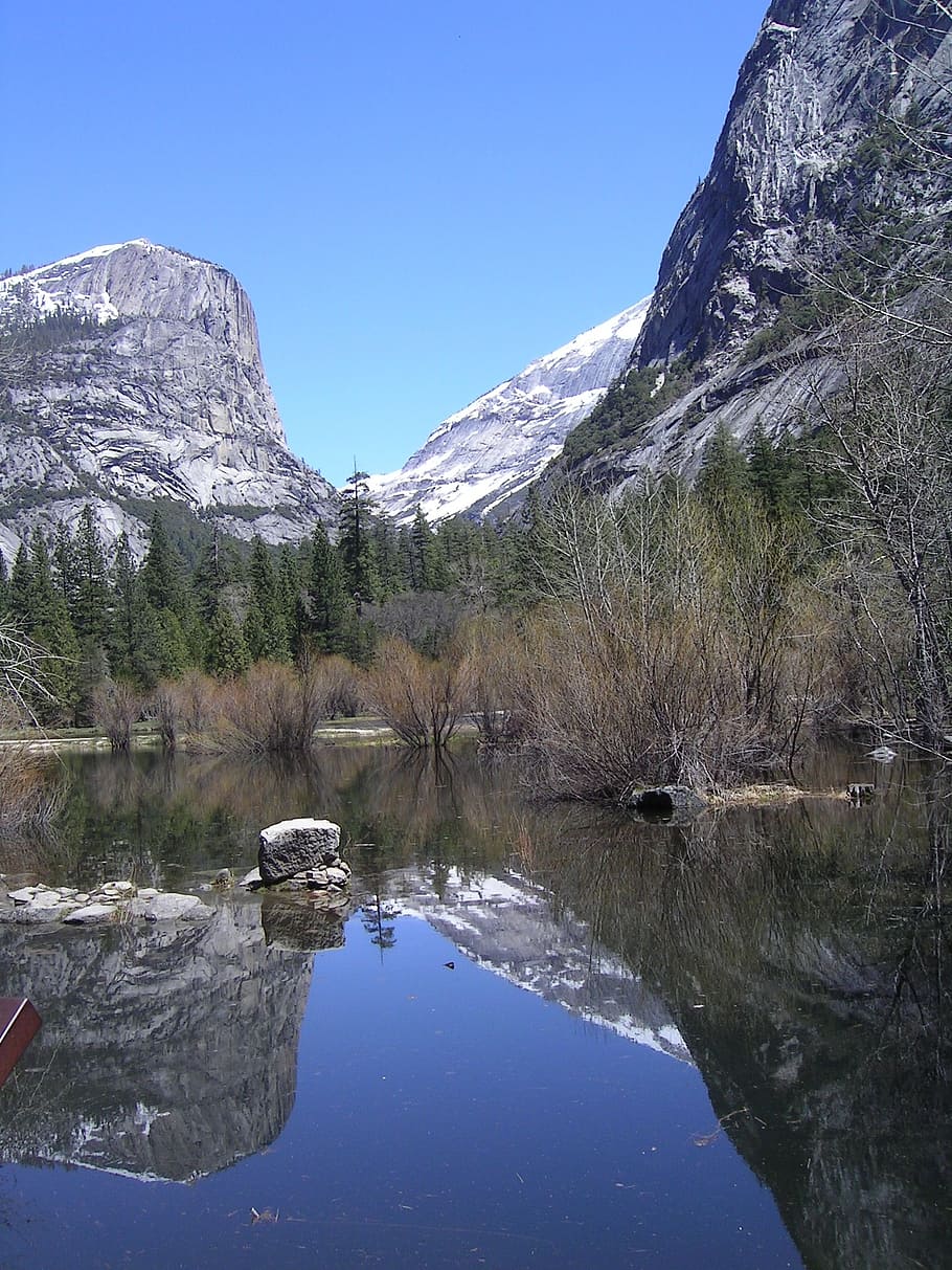mirror lake, landscape, reflection, water, sky, mountains, outdoors HD wallpaper