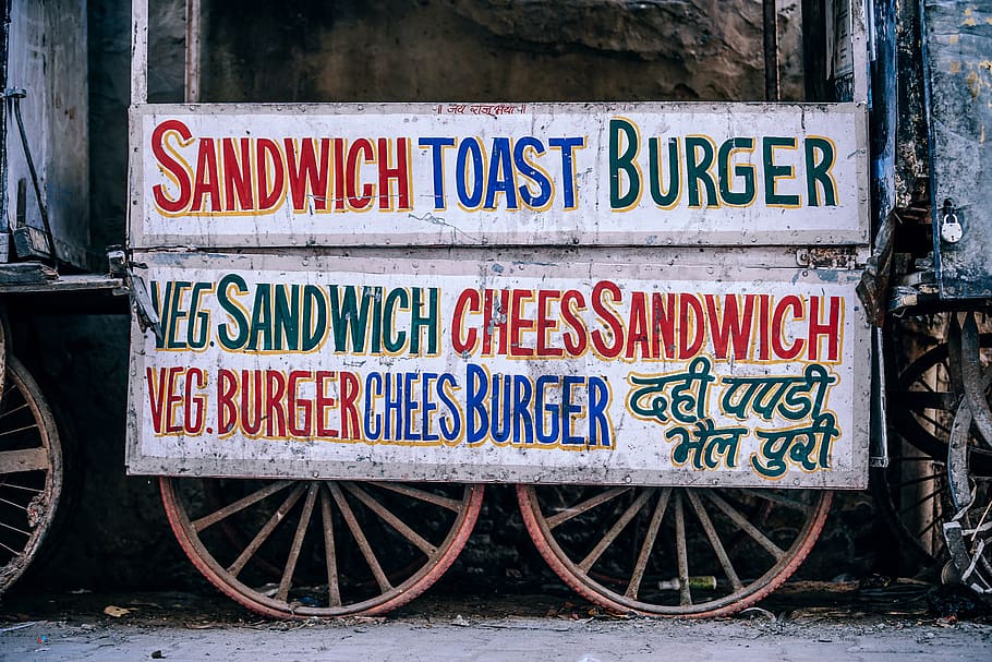 sandwich toast burger sign on cart, white signage on food stall HD wallpaper