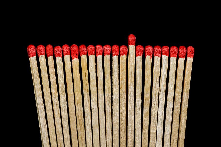 Brown and Red Matches Sticks Near Each Other, close-up, match head