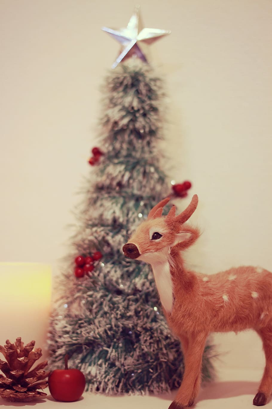 deer toy beside mini christmas tree, decoration, winter, celebration HD wallpaper