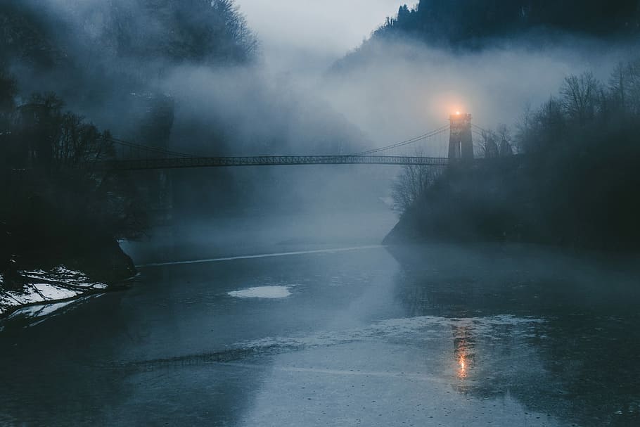 bridge with watchtower with fogs, lighthouse near bridge over body of water in mist, HD wallpaper