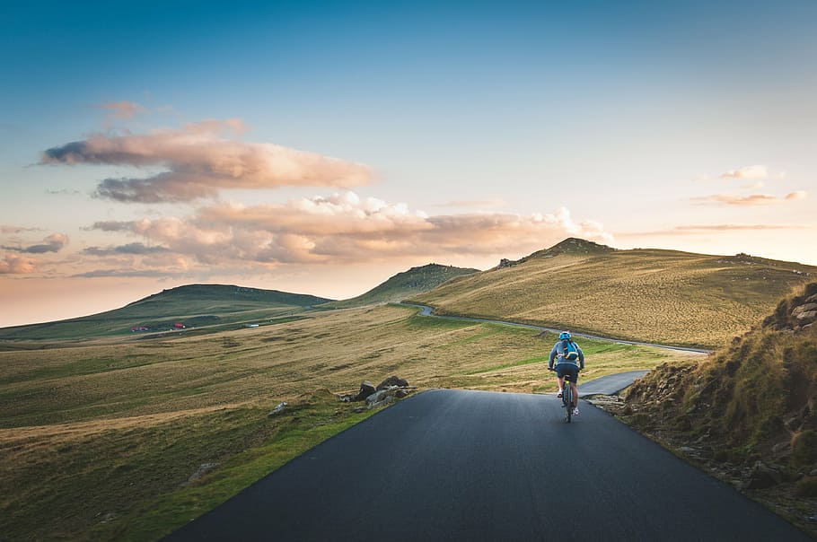 man cycling on gray road, person, riding, bicycle, concrete, beside, HD wallpaper