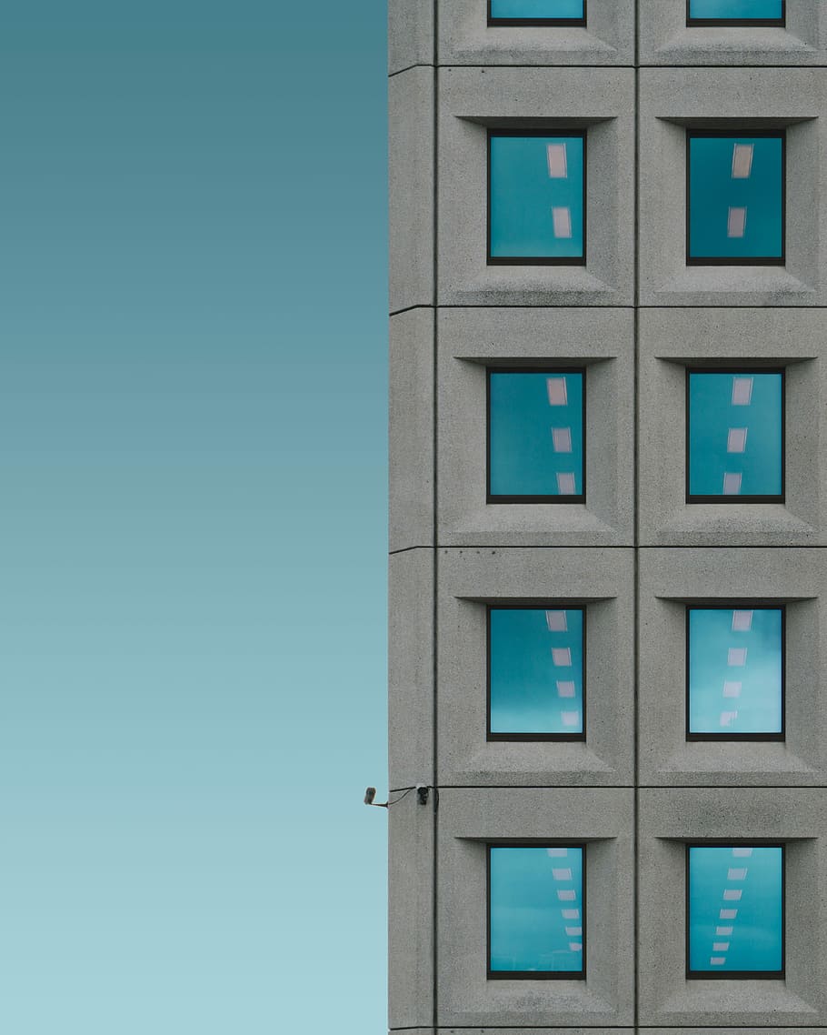 grey concrete building with security cameras, gray concrete building HD wallpaper