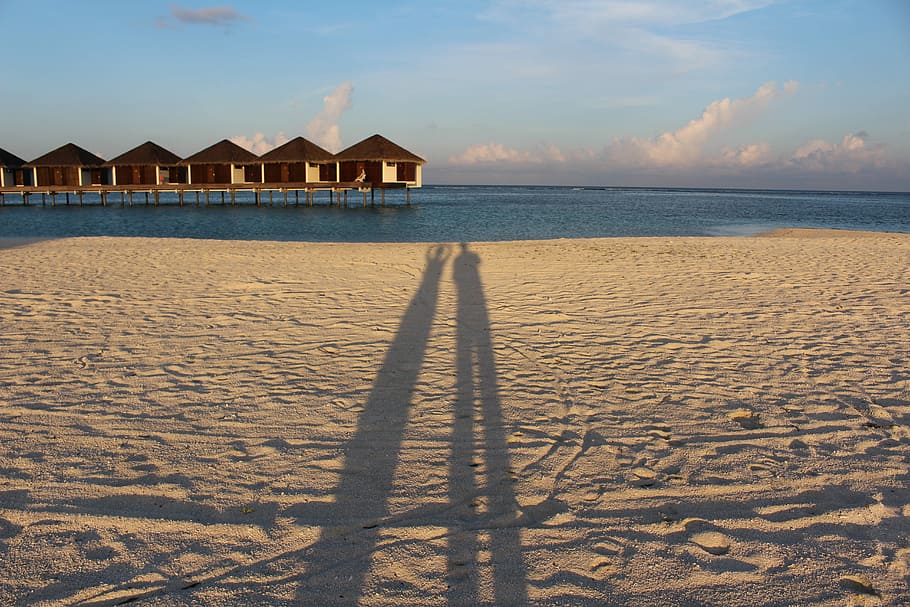 Maldive, Shadow, Beach, sea, tranquil scene, water, built structure HD wallpaper