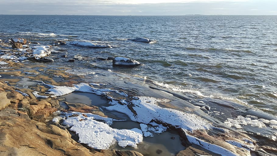 sea, winter, ice, beach, rock, finnish, cold, icy sea, water HD wallpaper