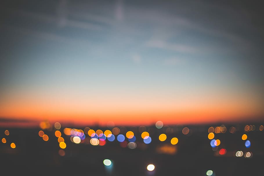 Evening Sunset Bokeh Cityscape, abstract, cloudless, colors, lights