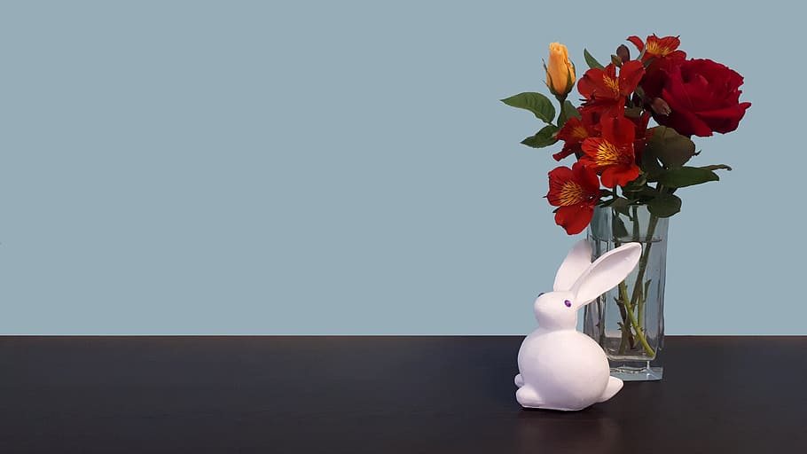 bunny, rabbit, flowers, easter, blue, wall, table, ornament HD wallpaper