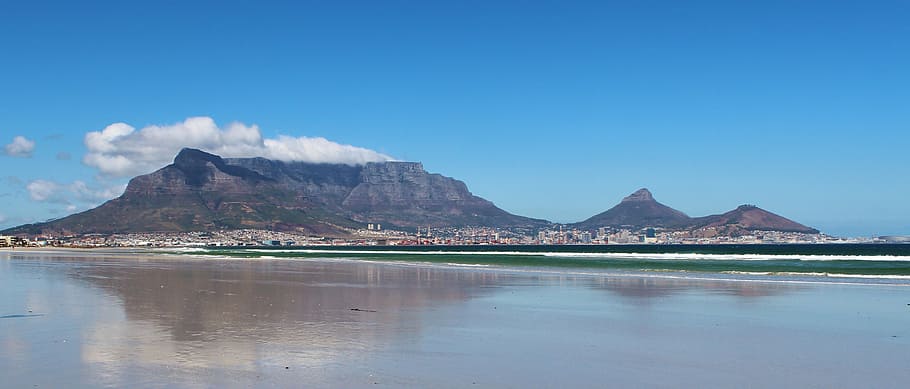 Table Mountain, Africa, cape town, south africa, beach, sea, ocean, HD wallpaper