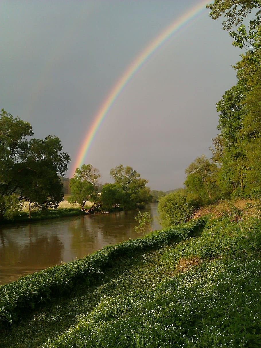 rainbow, river, sky, landscape, nature, water, heaven, plant HD wallpaper