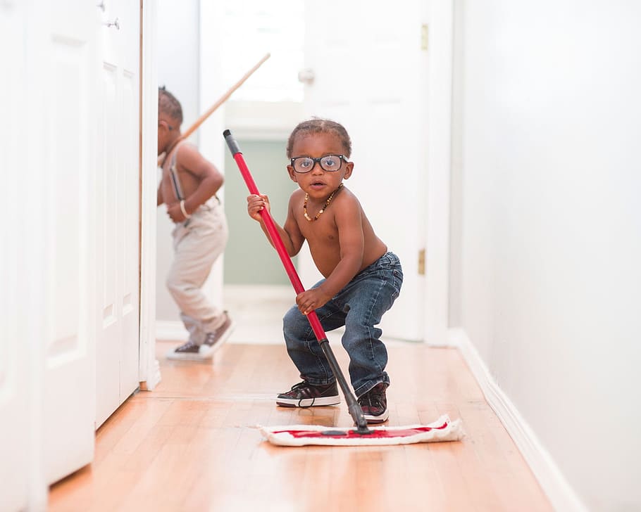 red and white mop, kid, child, boy, mopping, jeans, wooden, floor