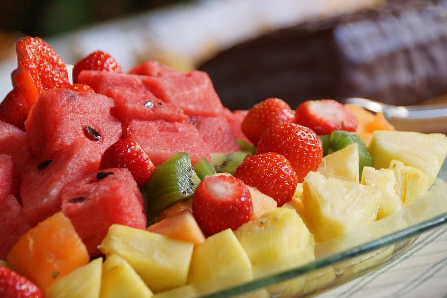 sliced strawberry, pineapple, and watermelon on glass plate HD wallpaper