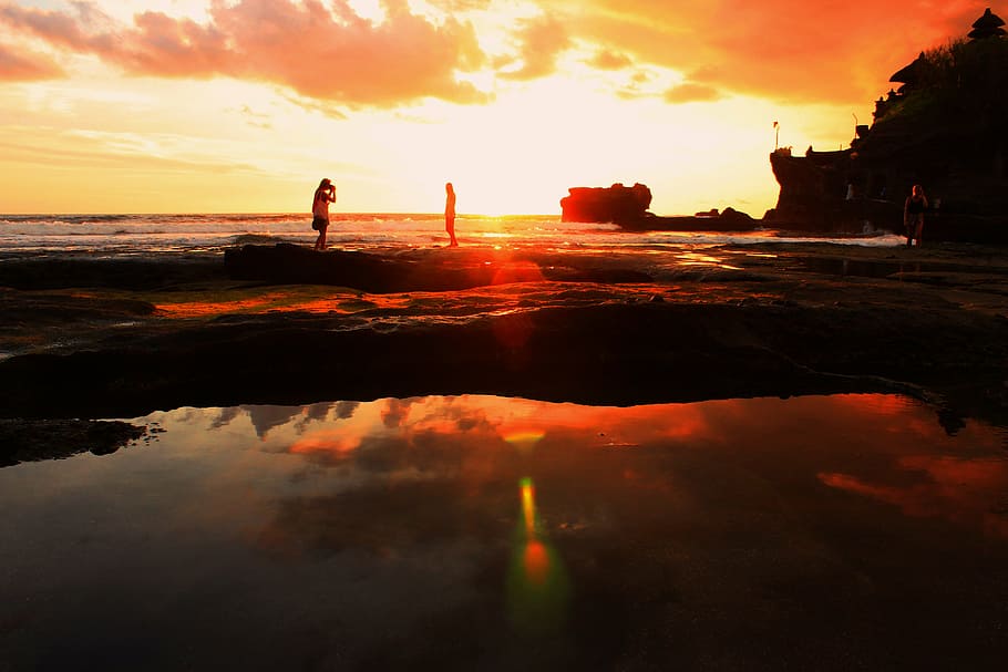 beach, clouds, nature, people, shore, sky, sunrise, sunset HD wallpaper