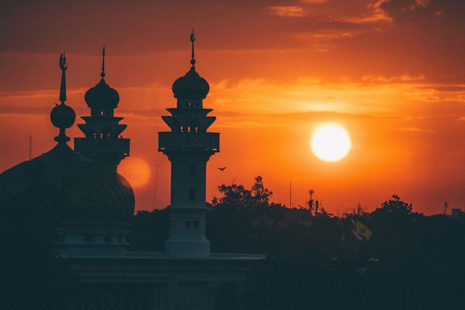 silhouette of mosque, sunrise, architecture, landmark, islam, HD wallpaper