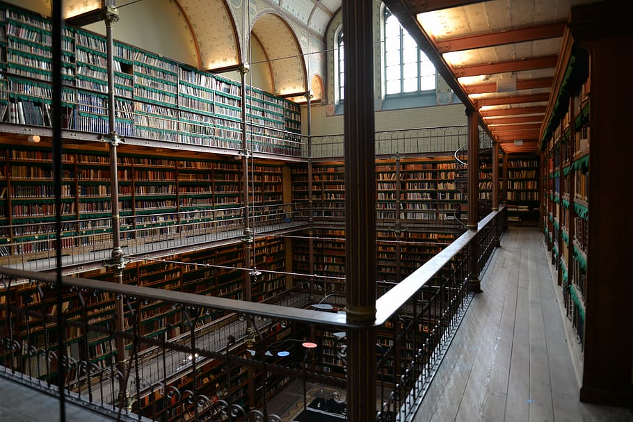library interior view, books, perspective, light, read, shelves HD wallpaper