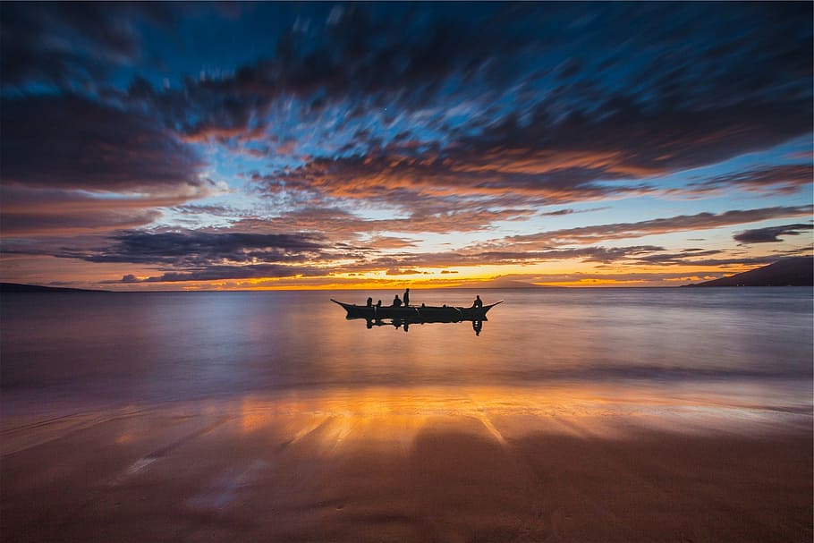 boat on sea, sunset, river, lake, water, silhouette, reflections HD wallpaper