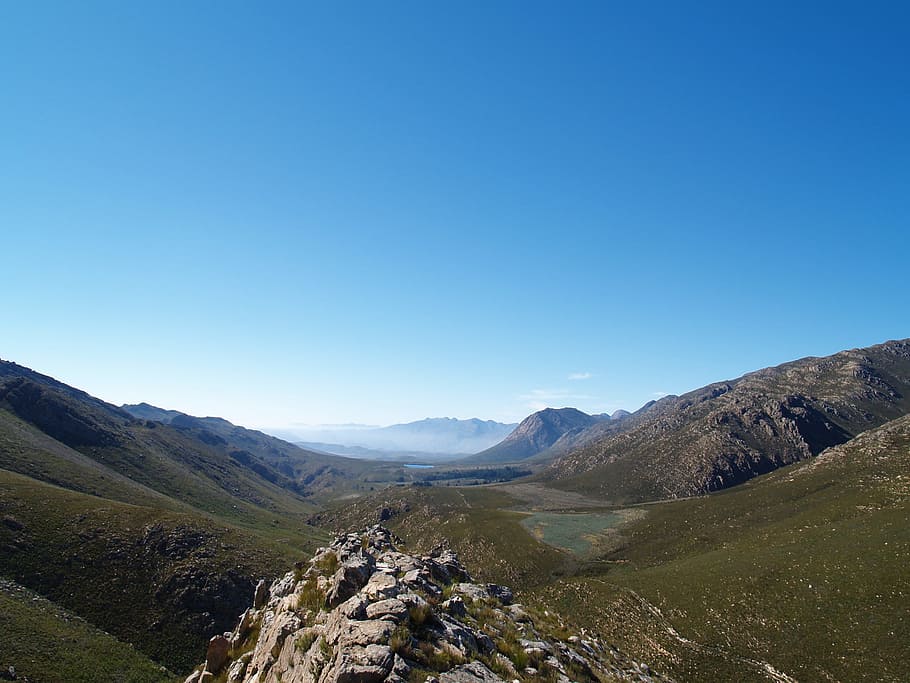 Mountain, Valley, Sky, Blue, Nature, peak, rock, rocks, tranquil HD wallpaper