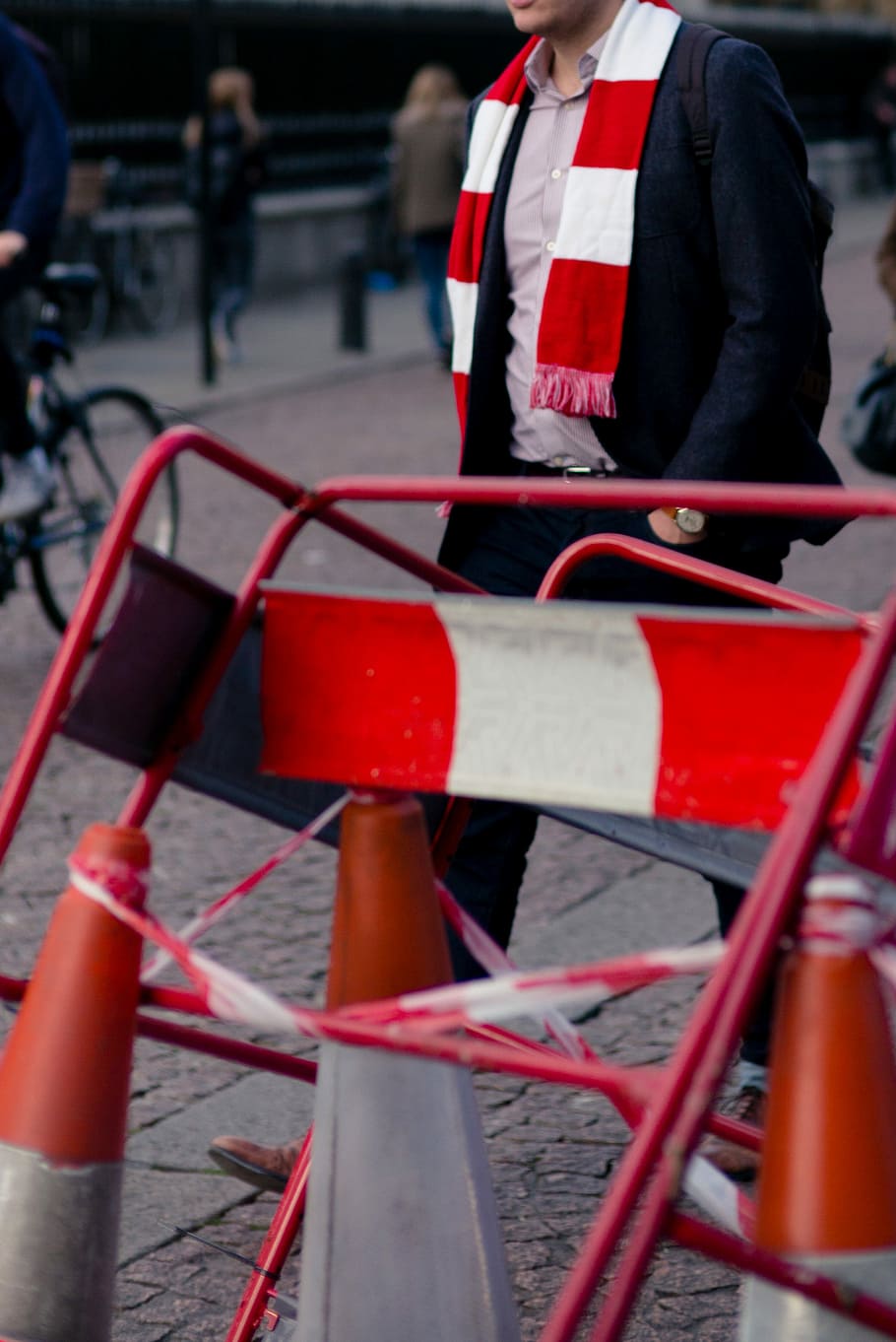 person walking beside the road, pattern, stripe, scarf, red HD wallpaper