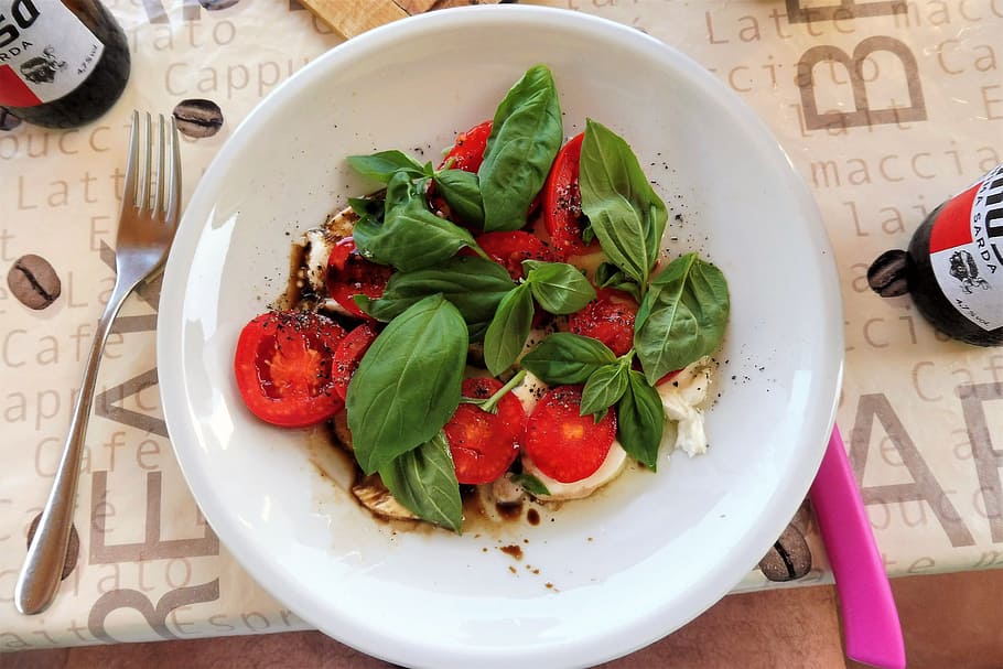 salad, tomatoes, basil, mozzarella, frisch, eat, healthy, food HD wallpaper
