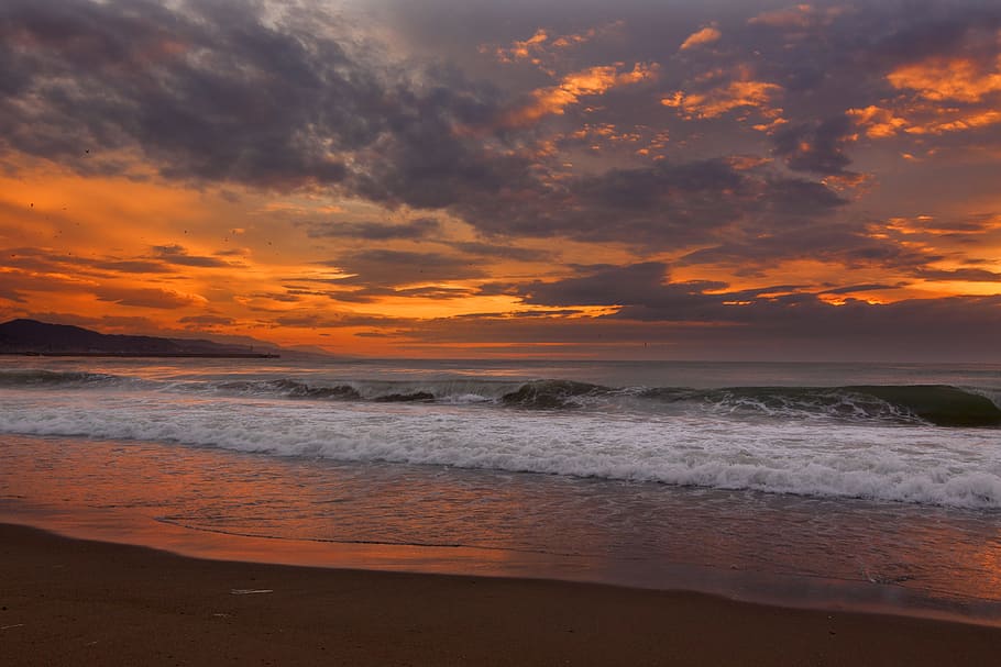 seashort under orange sky, sea wave during sunset, view, sea waves HD wallpaper