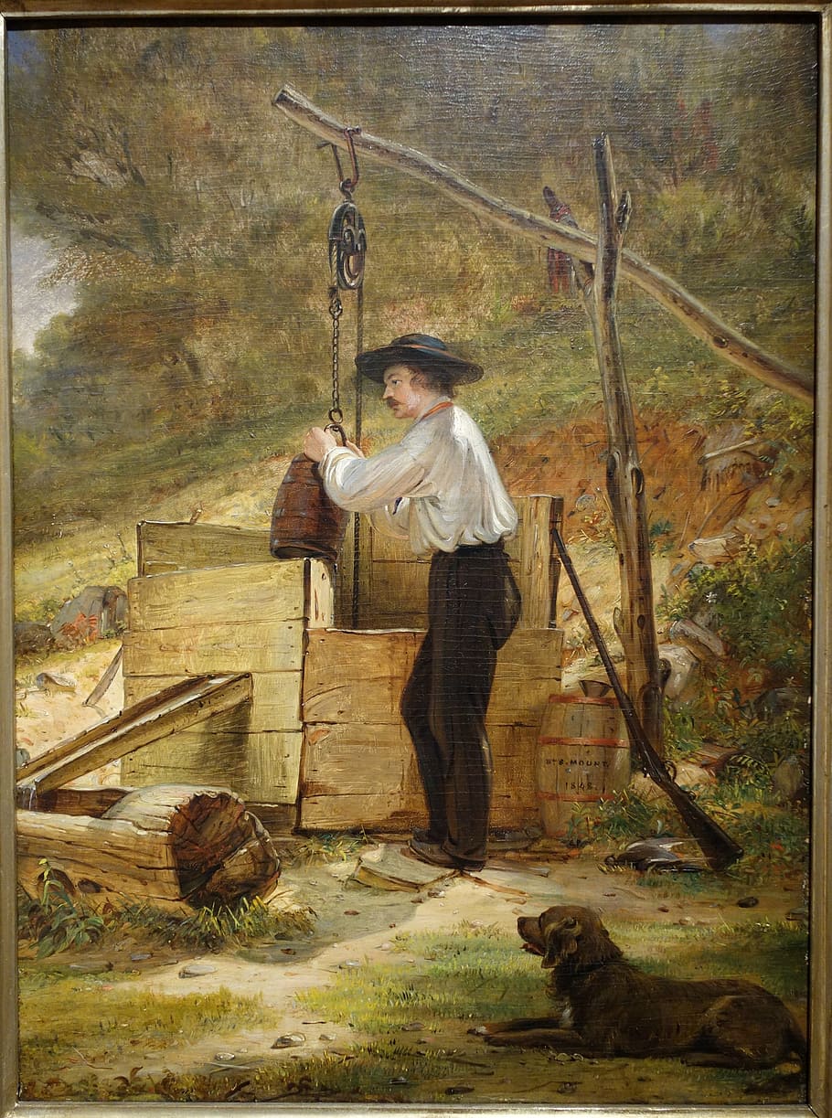 at the well, william sidney mount, oil, board, mounted, panel