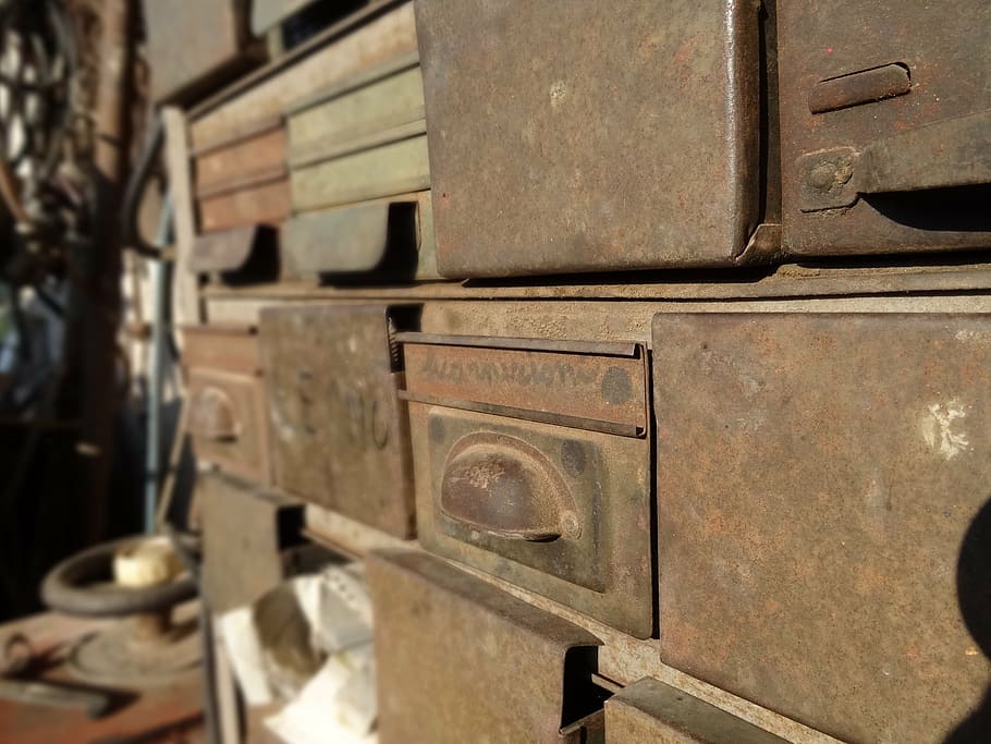 drawers, old, rusted, tool, container, box, handle, no people HD wallpaper