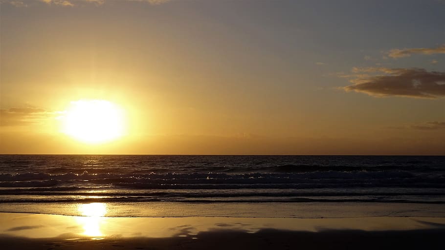 sunrise, sand, water, fuerteventura, beach, sea, sky, sunset, HD wallpaper