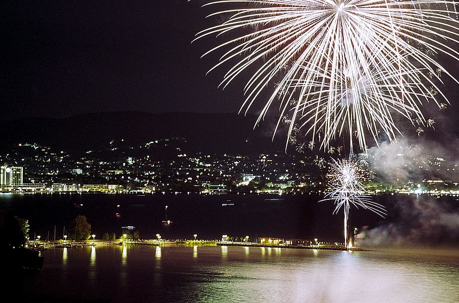 firework, lake, hungary, balaton, nature, reflection, night