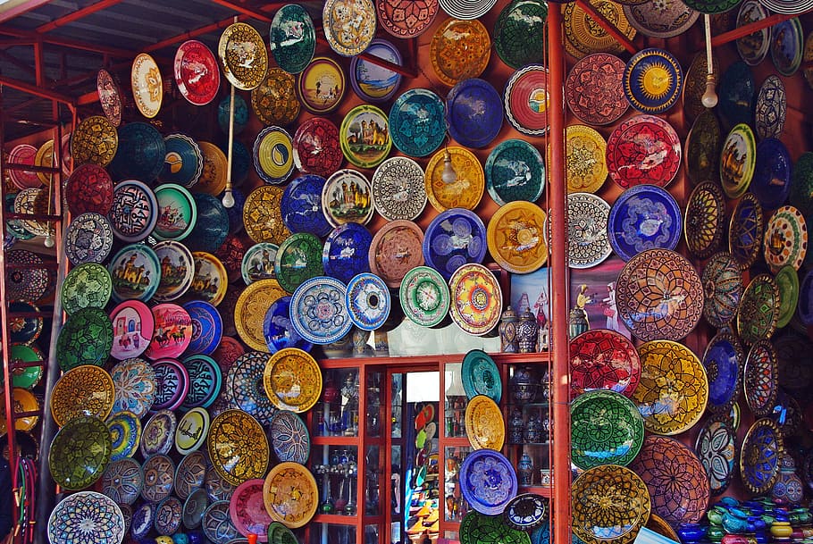 assorted-color wall decor lot, morocco, marrakech, market, souk