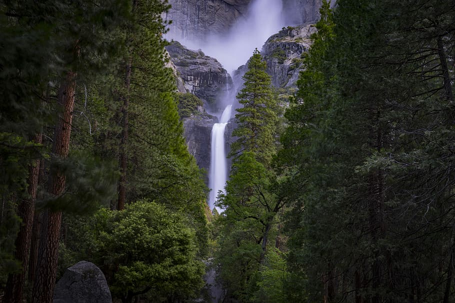 waterfalls on top of a mountain, waterfalls surrounded by trees HD wallpaper