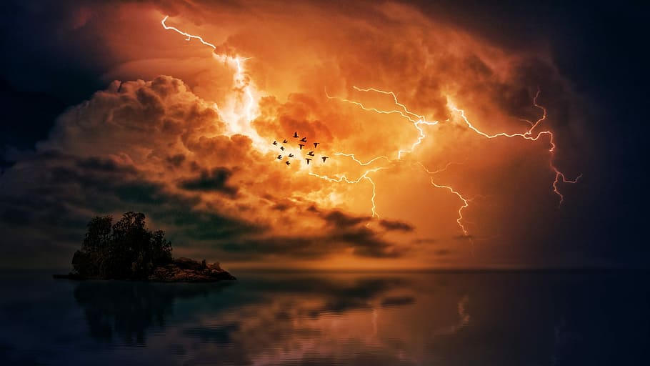landscape shot of lightning, thunderstorm, sea, clouds, forward HD wallpaper