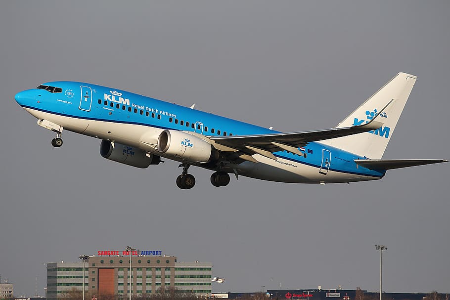 KLM airliner on flight during daytime, Planespotting, blue HD wallpaper