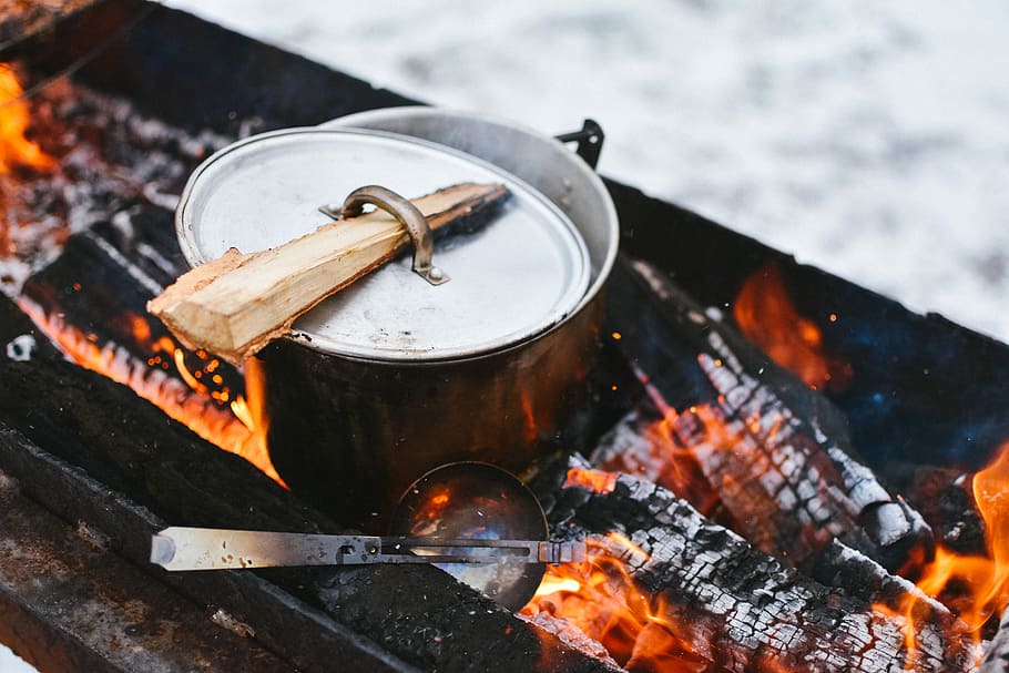 silver cook pot on firewood, gray steel stock pot on charcoal HD wallpaper