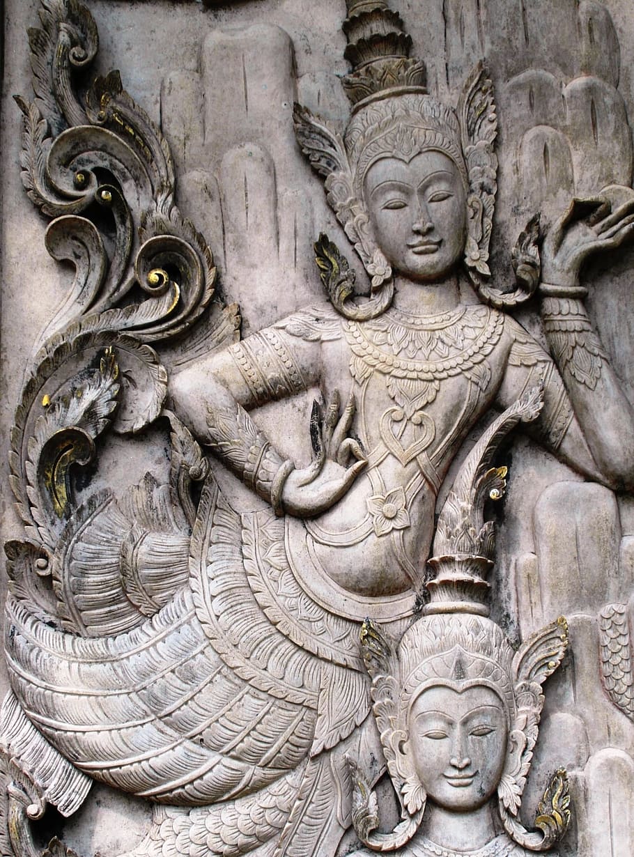 gray Buddha carved panel, oriental, mermaid, goddess, love, serene, HD wallpaper