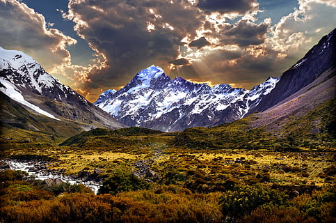 snow covered mountains under black and grey cloudy sky, landscape HD wallpaper