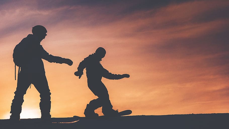 silhouette of two men skiing, active, clouds, people, sky, sport HD wallpaper