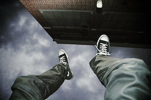 person wearing black-and-white lace-up sneakers, falling, suicide HD wallpaper