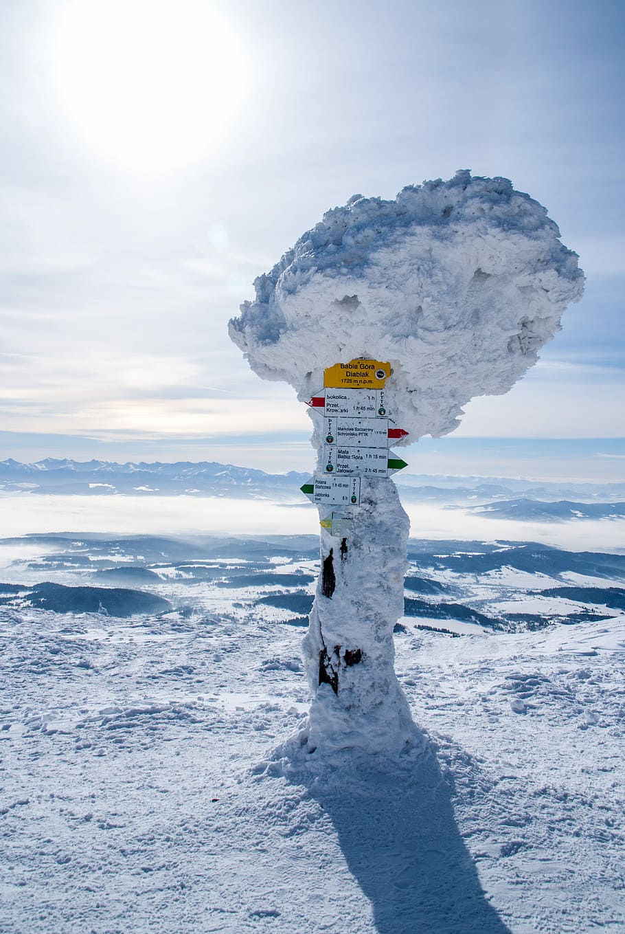 snow covered post with signage, white rock with poster, snowcapped HD wallpaper