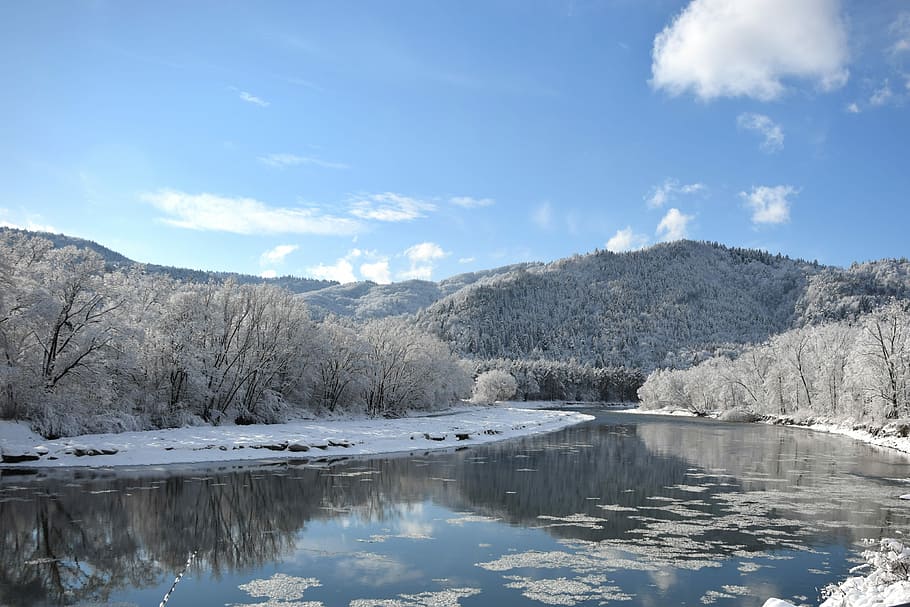 Poprad River, Beskid Sądecki, winter in the mountains, mountain river, HD wallpaper