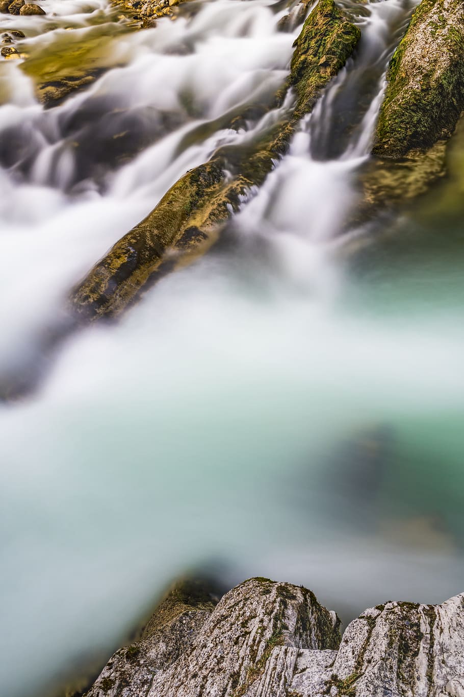 water, river, waterfall, long exposure, rock, stones, bach HD wallpaper