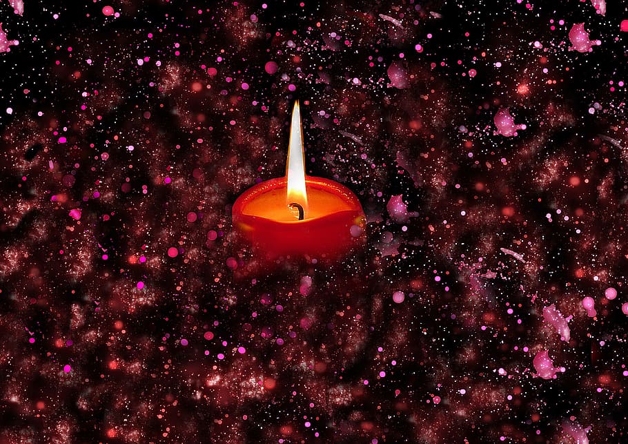 red tealight candle, sparkles, candlelight, flame, wax, love HD wallpaper