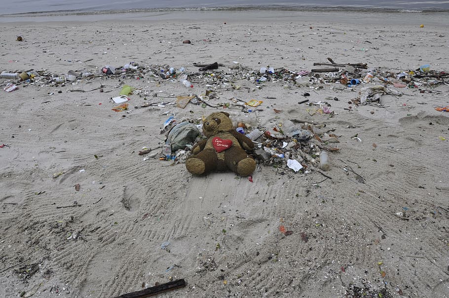 gray teddy bear on gray sand, pollution, beach, trash, garbage, HD wallpaper