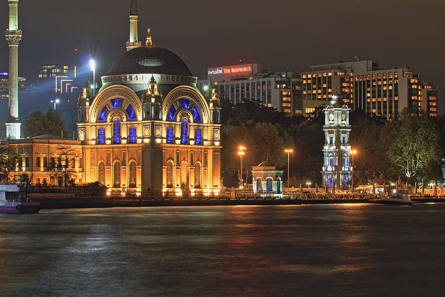 gray and black concrete dome building at night, turkey, istanbul, HD wallpaper