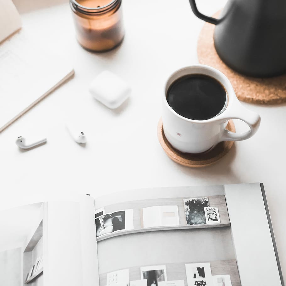 white ceramic mug, white mug filled with black coffee on white table HD wallpaper