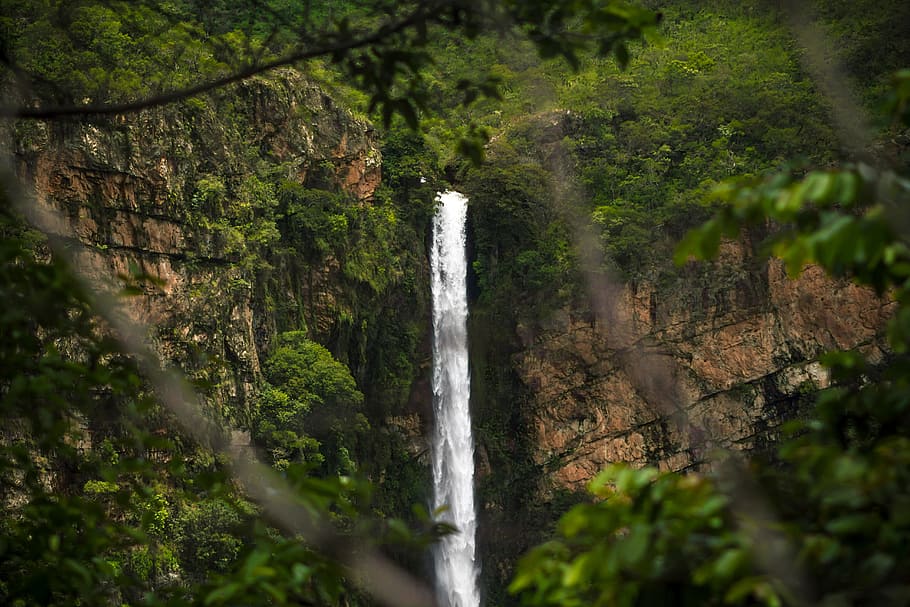 waterfall, mountain, hill, nature, green, grass, trees, plant HD wallpaper