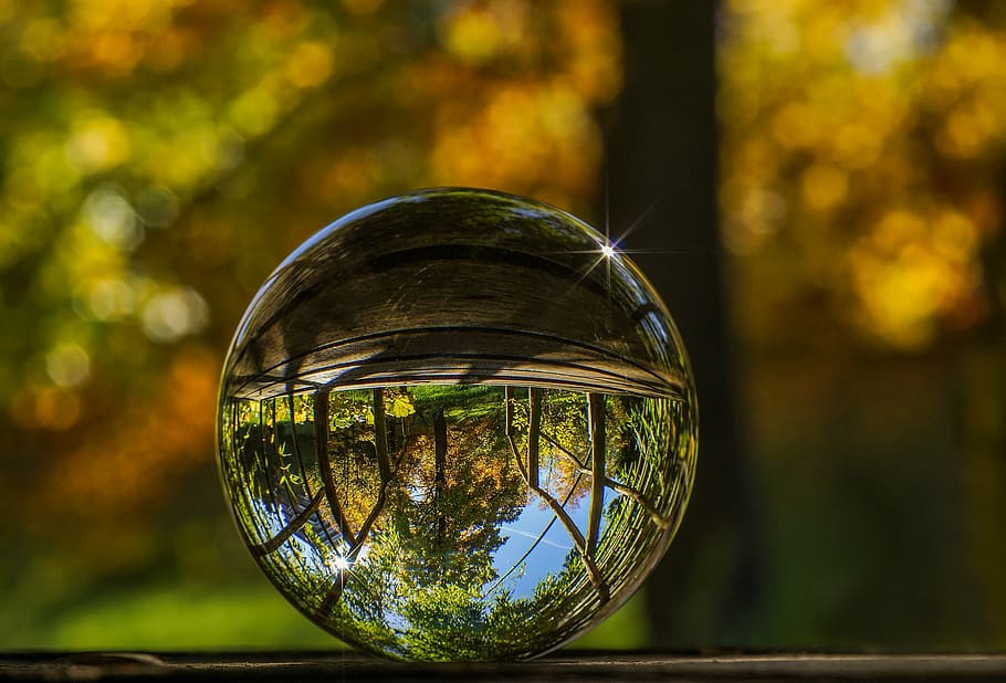 selective focus photo of clear glass paper weight, glass ball