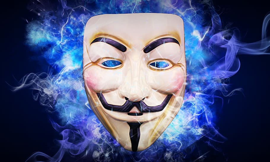 Guy Fawk Mask on black and blue background, anonymous, hacktivist