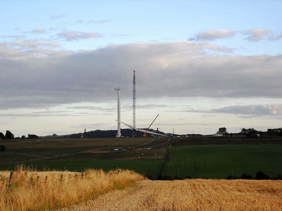 construction, wind turbine, machinery, fields, farm, countryside HD wallpaper